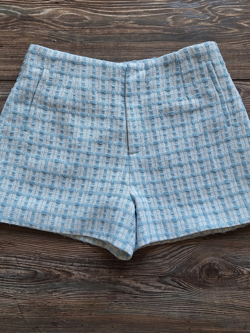 Altar'd State Textured Tweed Hi Rise Blue & White Plaid Lined Chino Shorts